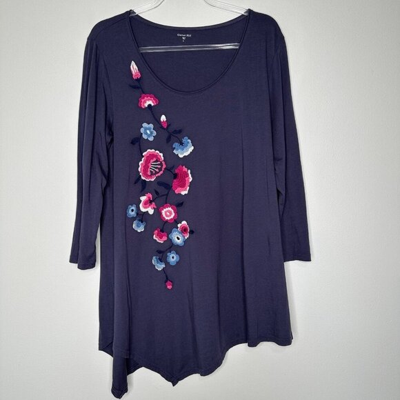 Garnet Hill Knit Tunic Top XL Floral Embroidered Asymmetrical Hem Purple - Picture 1 of 10